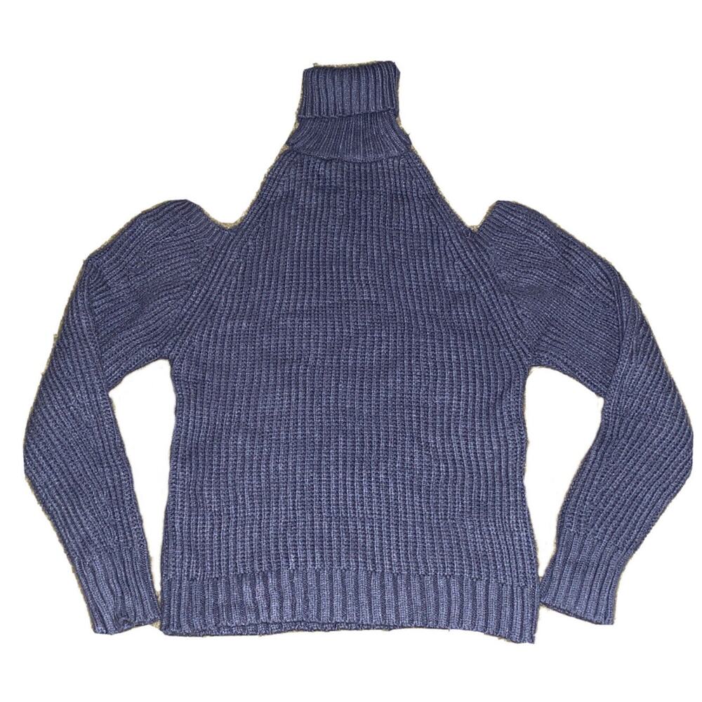 NEW Women's Turtleneck Knit Sweater Open Shoulder Blue Sz Large Souk & Sepia NWT